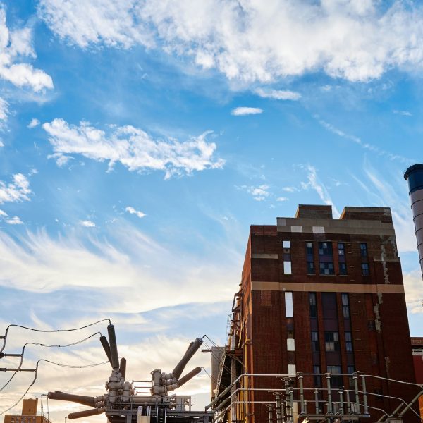 Industrial buildings at sunset.